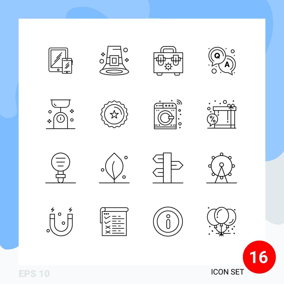 Set of 16 Vector Outlines on Grid for food solution hat question tools Editable Vector Design Elements