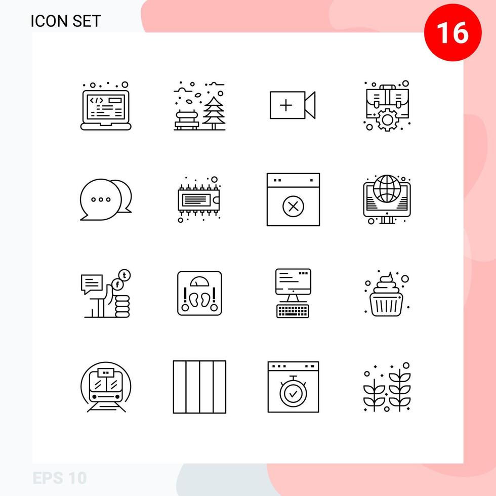 User Interface Pack of 16 Basic Outlines of chat setting weather office case Editable Vector Design Elements