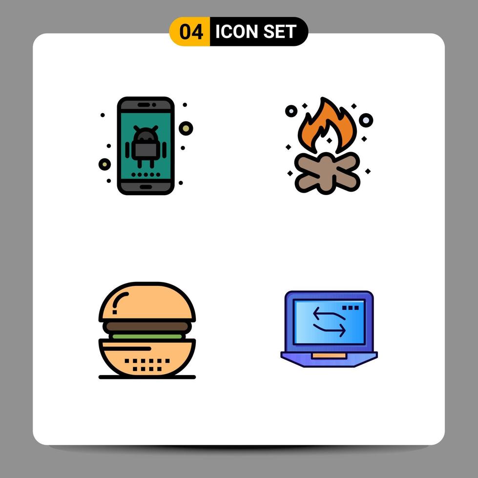Set of 4 Commercial Filledline Flat Colors pack for android burger phone camp drinks Editable Vector Design Elements