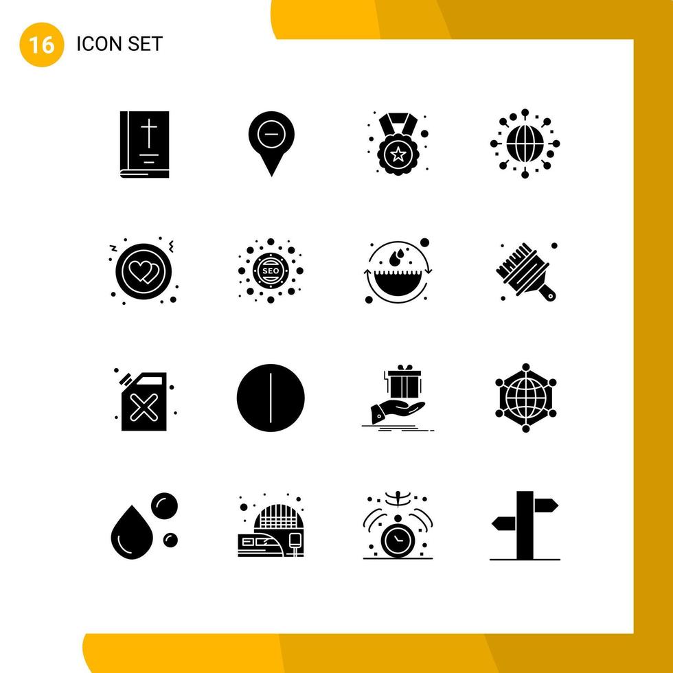 16 Universal Solid Glyph Signs Symbols of heart world minus globe badge Editable Vector Design Elements