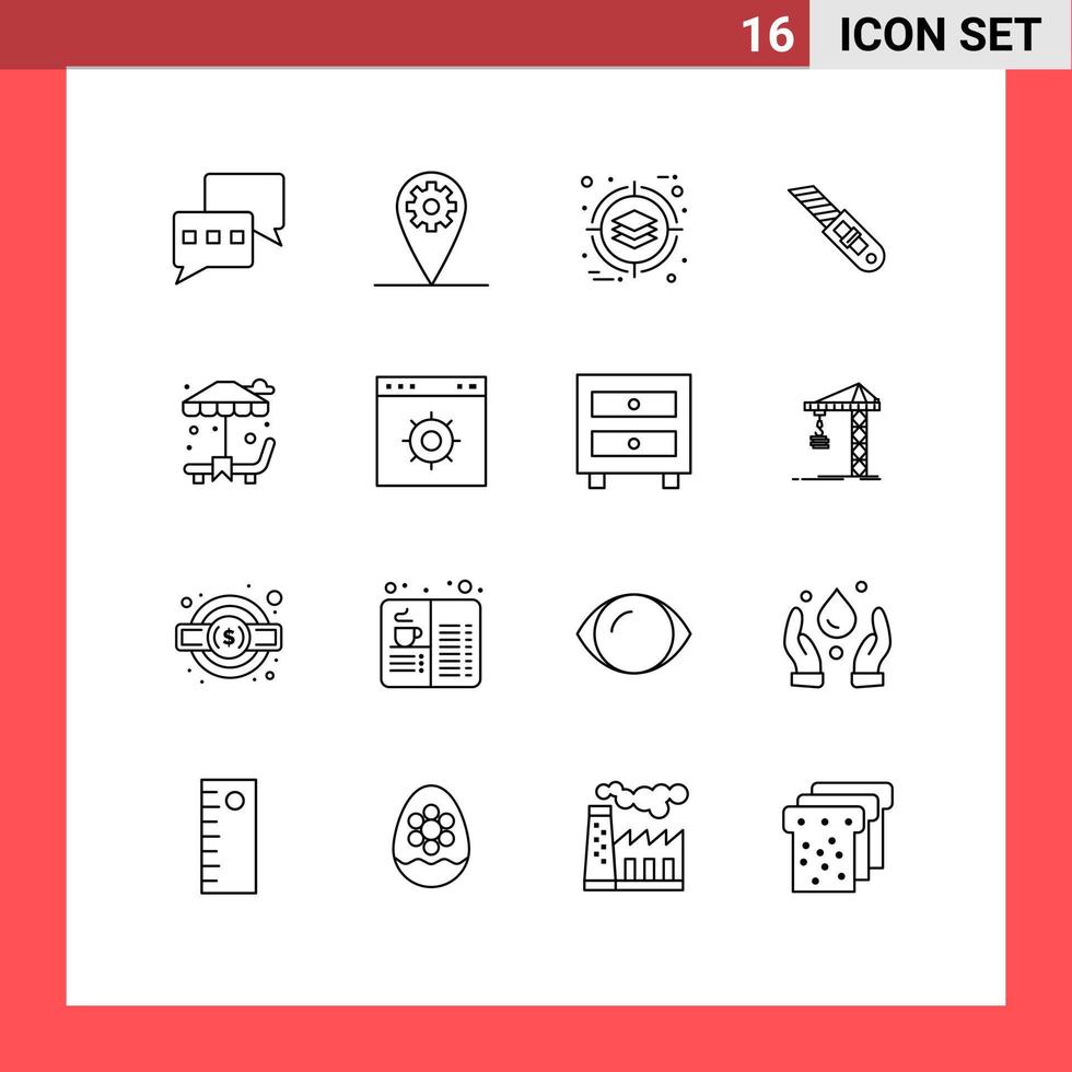 Universal Icon Symbols Group of 16 Modern Outlines of browser park management sun bed repair Editable Vector Design Elements