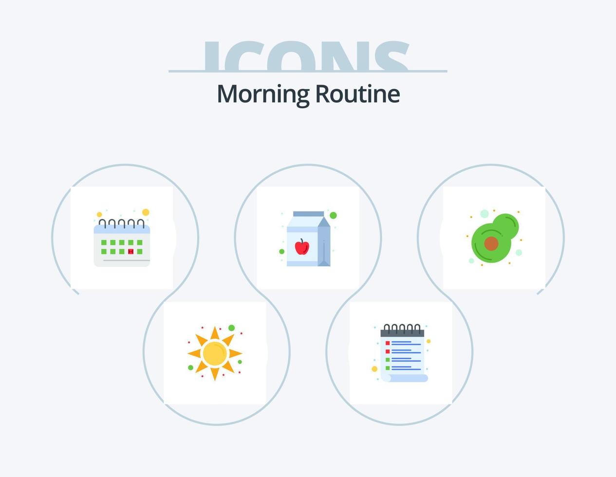 paquete de iconos planos de rutina matutina 5 diseño de iconos. freír. desayuno. reloj. botella. jugo vector