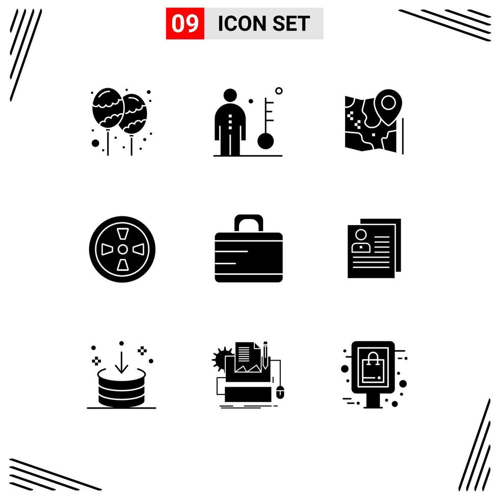 Pack of 9 Modern Solid Glyphs Signs and Symbols for Web Print Media such as wind fan key destination location Editable Vector Design Elements