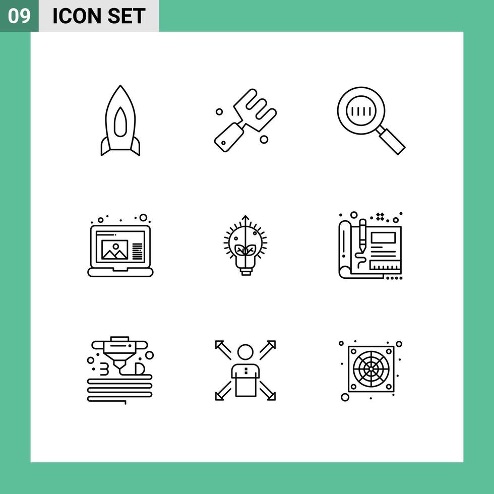 Universal Icon Symbols Group of 9 Modern Outlines of idea laptop fork draw magnifying Editable Vector Design Elements