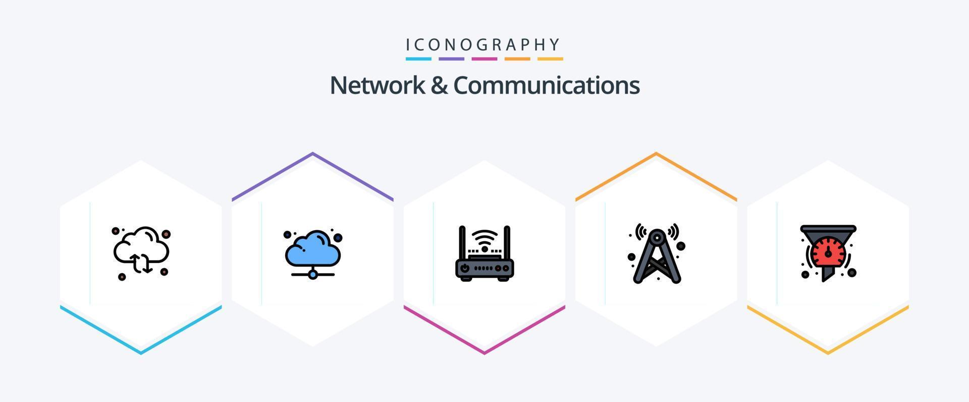 paquete de iconos de 25 líneas completas de red y comunicaciones que incluye red. señal. en línea. torre. Internet vector
