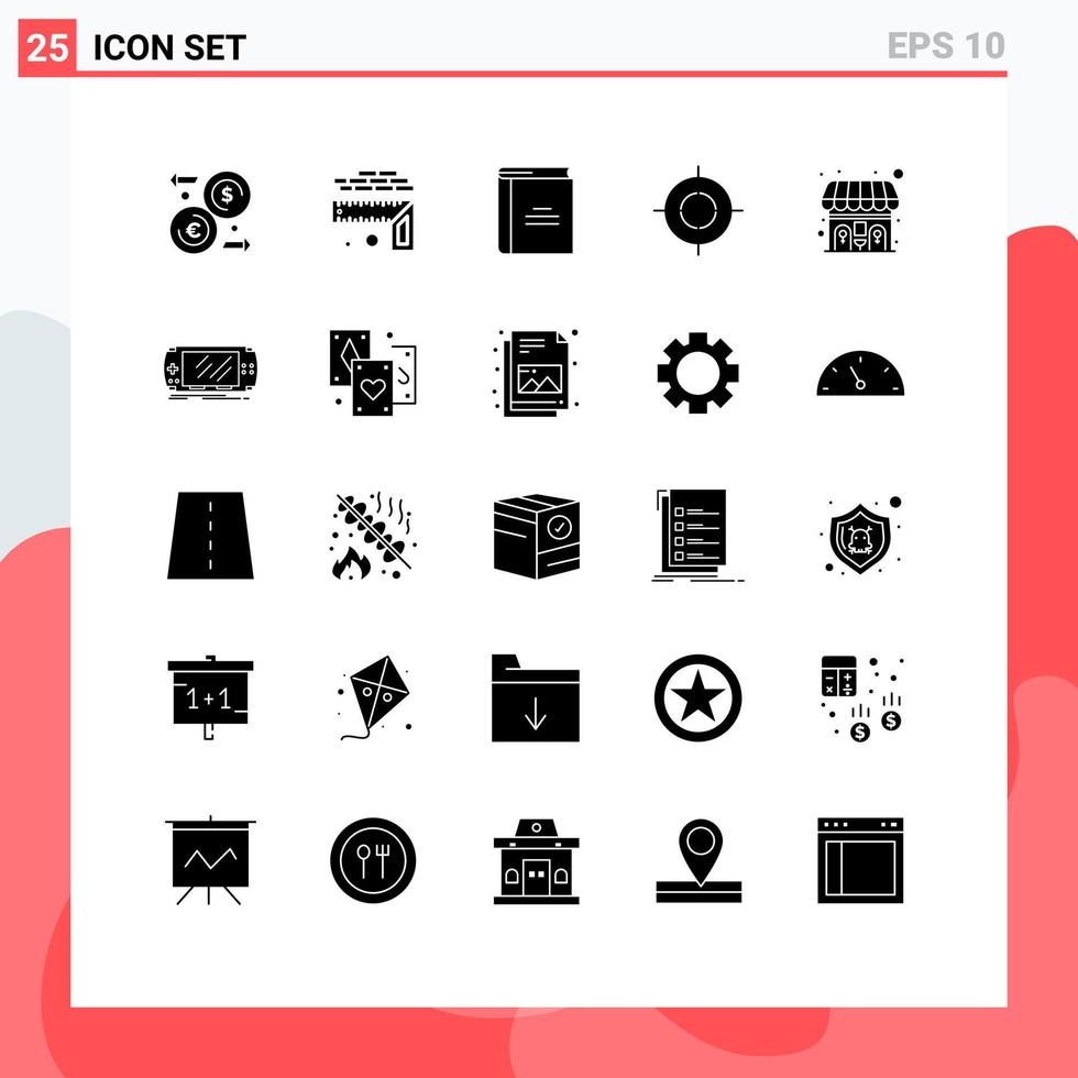 25 Universal Solid Glyph Signs Symbols of public point book goal reading Editable Vector Design Elements
