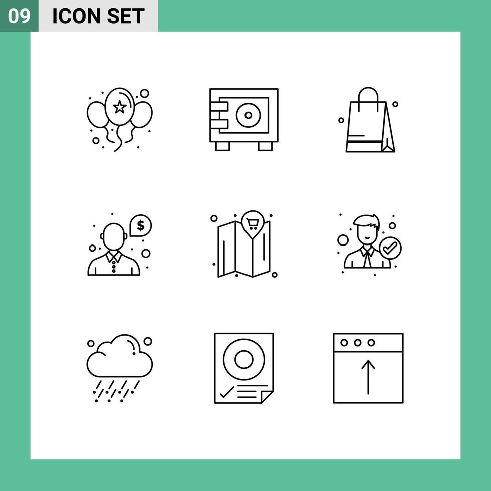 Group of 9 Modern Outlines Set for cart map handbeg support money Editable Vector Design Elements