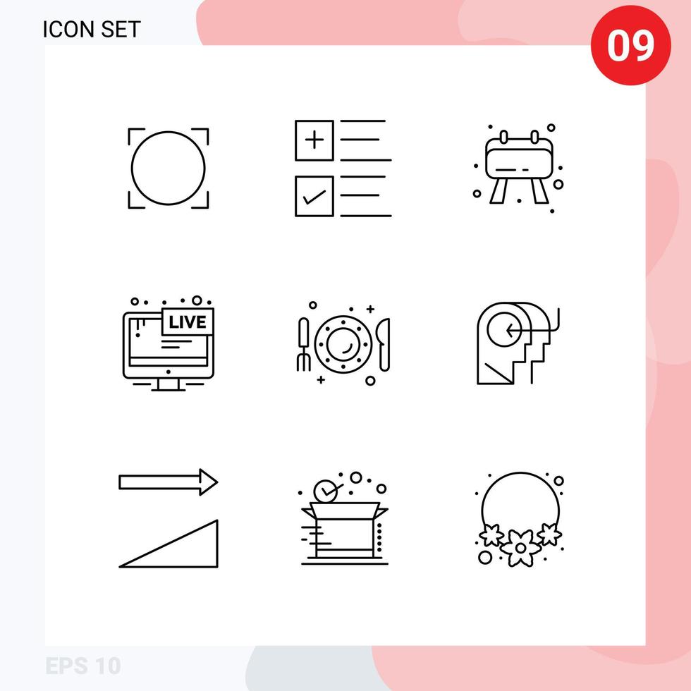 Outline Pack of 9 Universal Symbols of plate news board live screen Editable Vector Design Elements