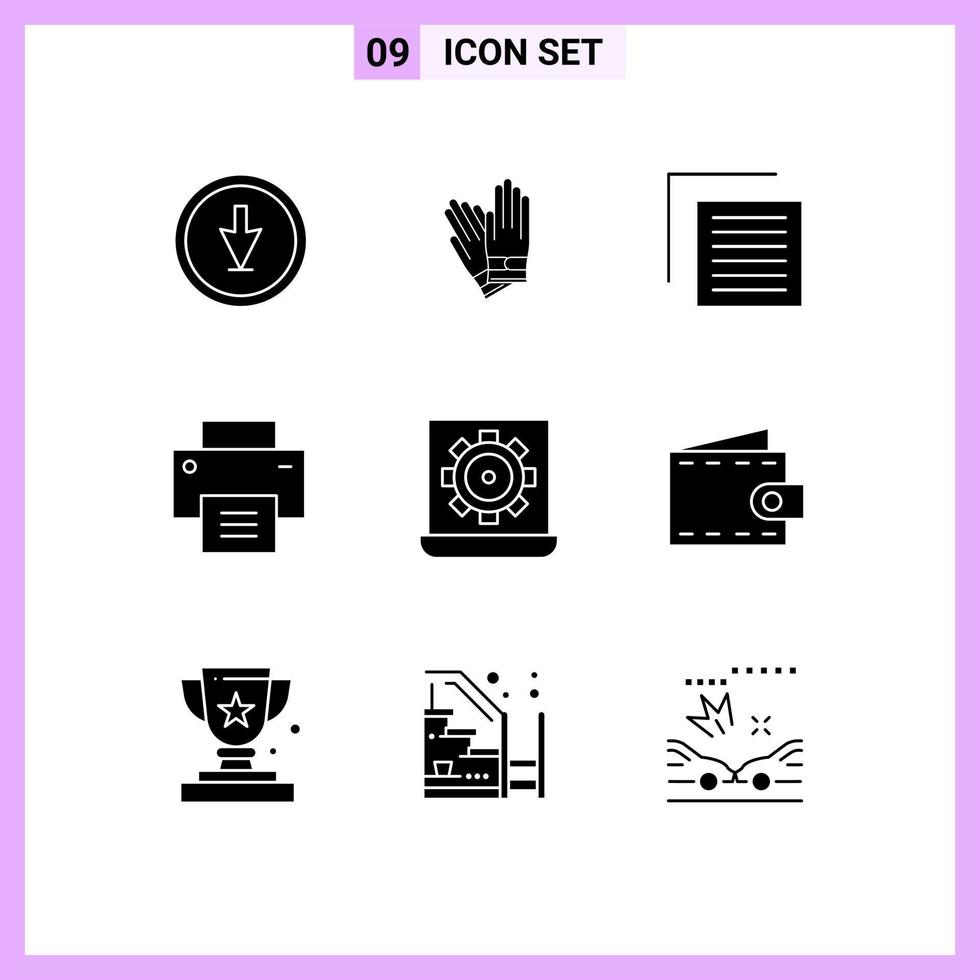 paquete de 9 signos y símbolos modernos de glifos sólidos para medios de impresión web, como elementos de diseño vectorial editables de interfaz de reparación de línea de computadora vector