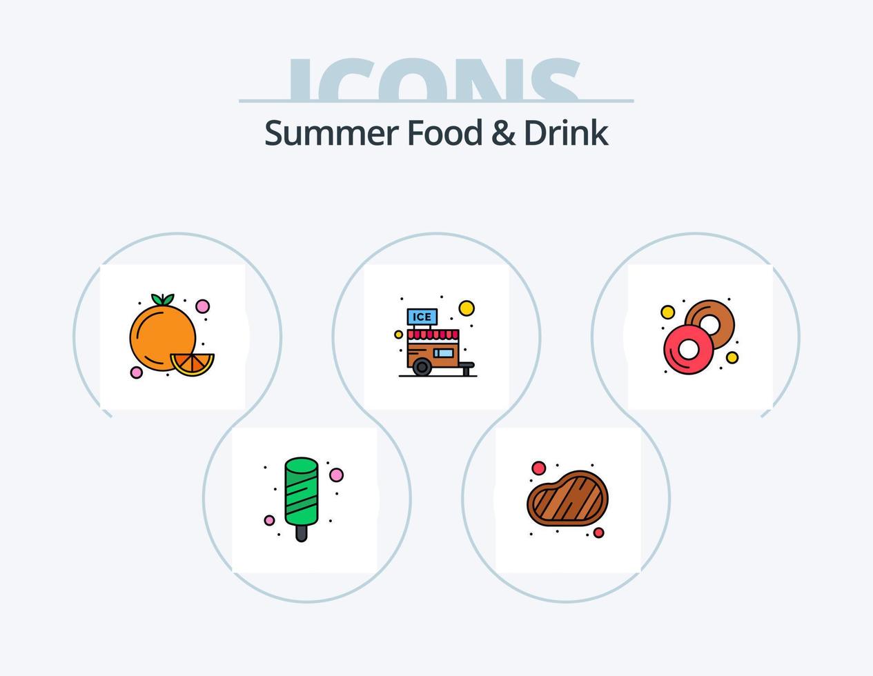 línea de comida y bebida de verano lleno de icono paquete 5 diseño de icono. verano. beber. bocadillo. bebida. bife vector