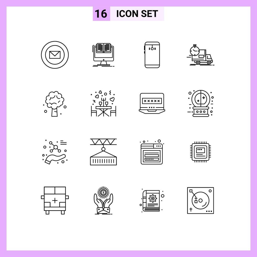 Pack of 16 Modern Outlines Signs and Symbols for Web Print Media such as transport time book delivery camera Editable Vector Design Elements