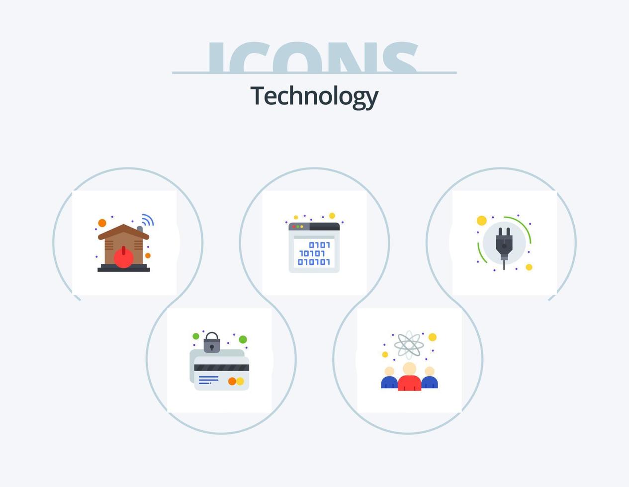 Technology Flat Icon Pack 5 Icon Design. energy consumption. interface. scientists. code. wifi vector