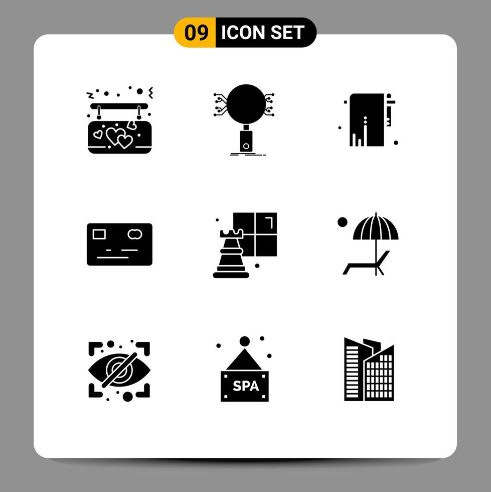 Pack of 9 Modern Solid Glyphs Signs and Symbols for Web Print Media such as game payment security money towel Editable Vector Design Elements