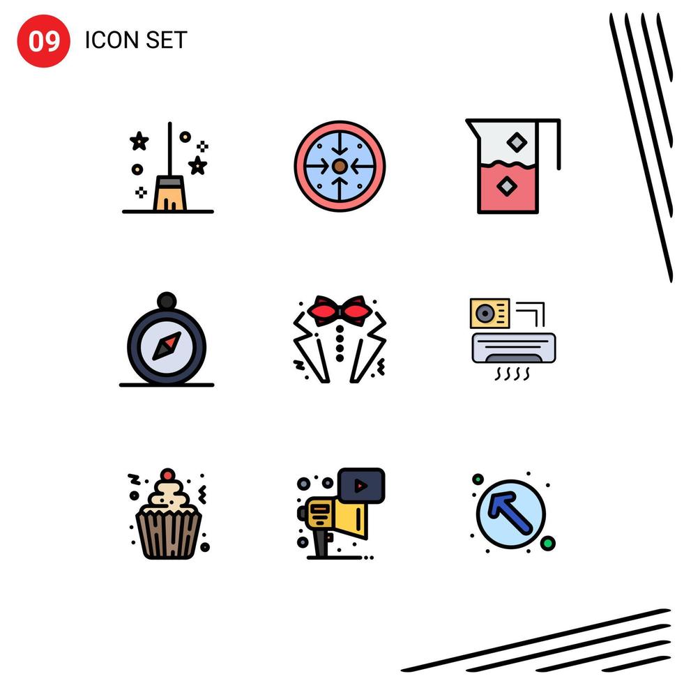 User Interface Pack of 9 Basic Filledline Flat Colors of bow compass process browse food Editable Vector Design Elements