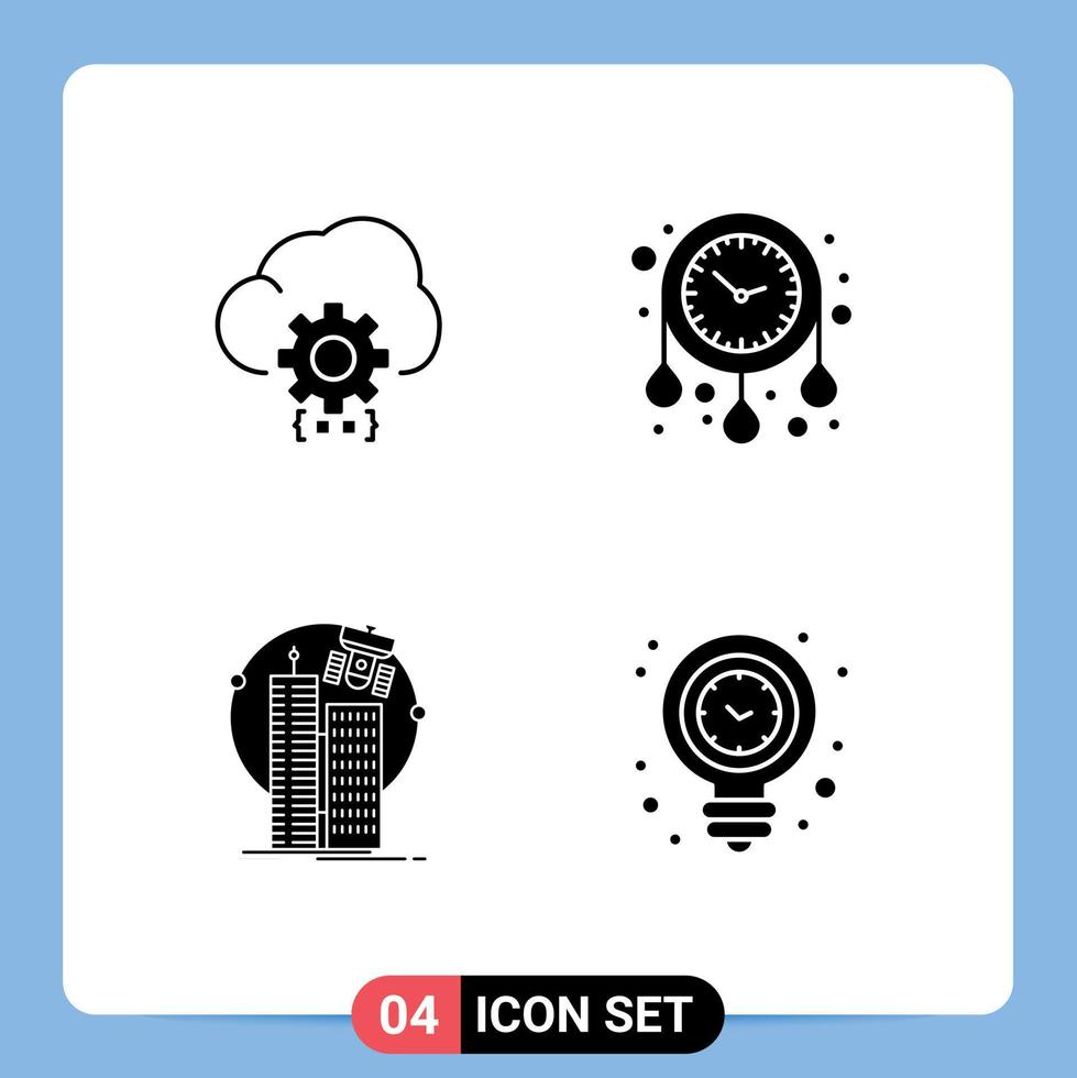 Modern Set of 4 Solid Glyphs Pictograph of cloud building development time technology Editable Vector Design Elements