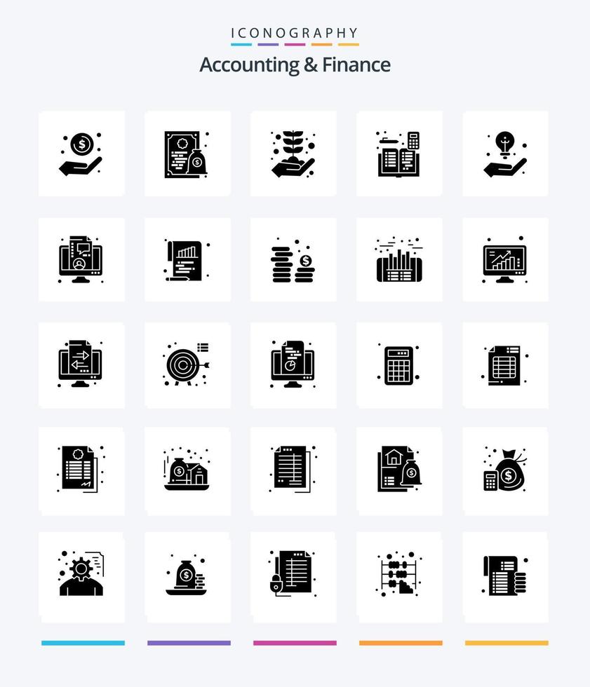 Creative Accounting And Finance 25 Glyph Solid Black icon pack  Such As book. mathematics. money. calculator. growth vector