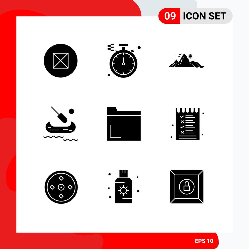 Set of 9 Commercial Solid Glyphs pack for food folder hill file kayak Editable Vector Design Elements