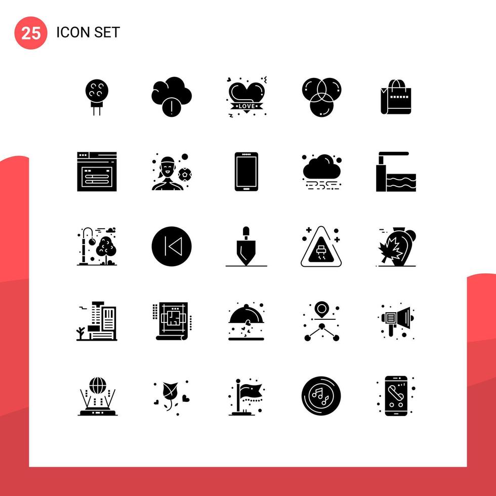 Universal Icon Symbols Group of 25 Modern Solid Glyphs of handbag programing hearts development color Editable Vector Design Elements