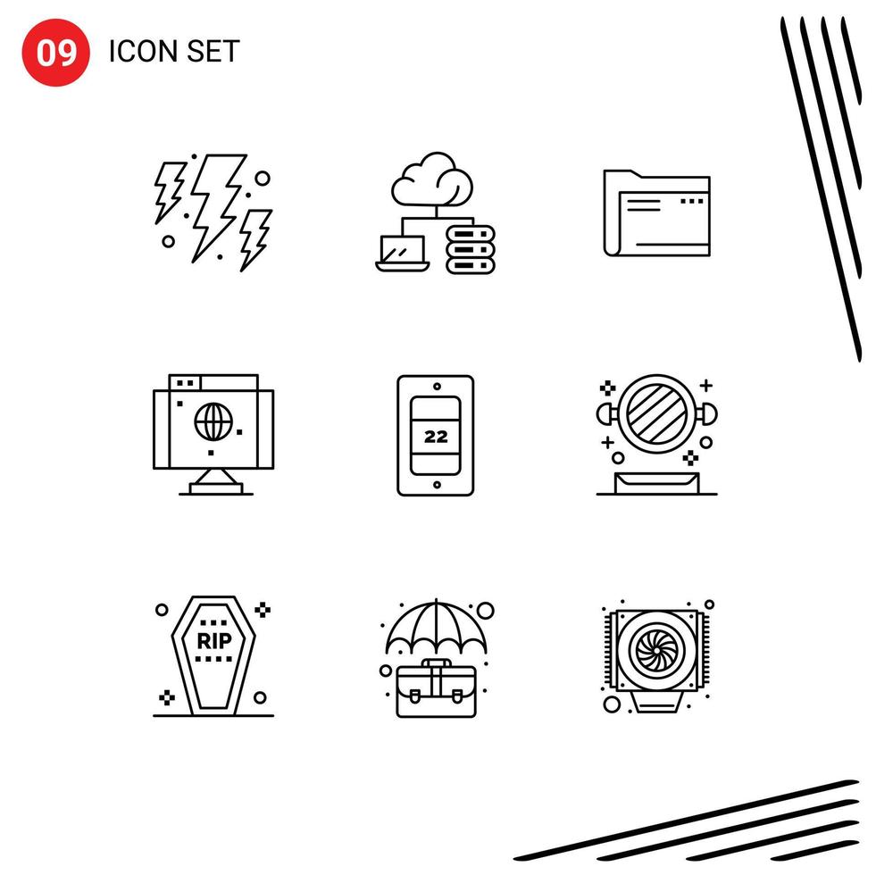 Group of 9 Modern Outlines Set for technology internet archive computer file Editable Vector Design Elements