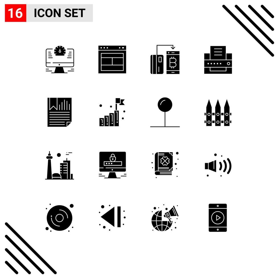 Set of 16 Commercial Solid Glyphs pack for bookmark fax website printer money Editable Vector Design Elements