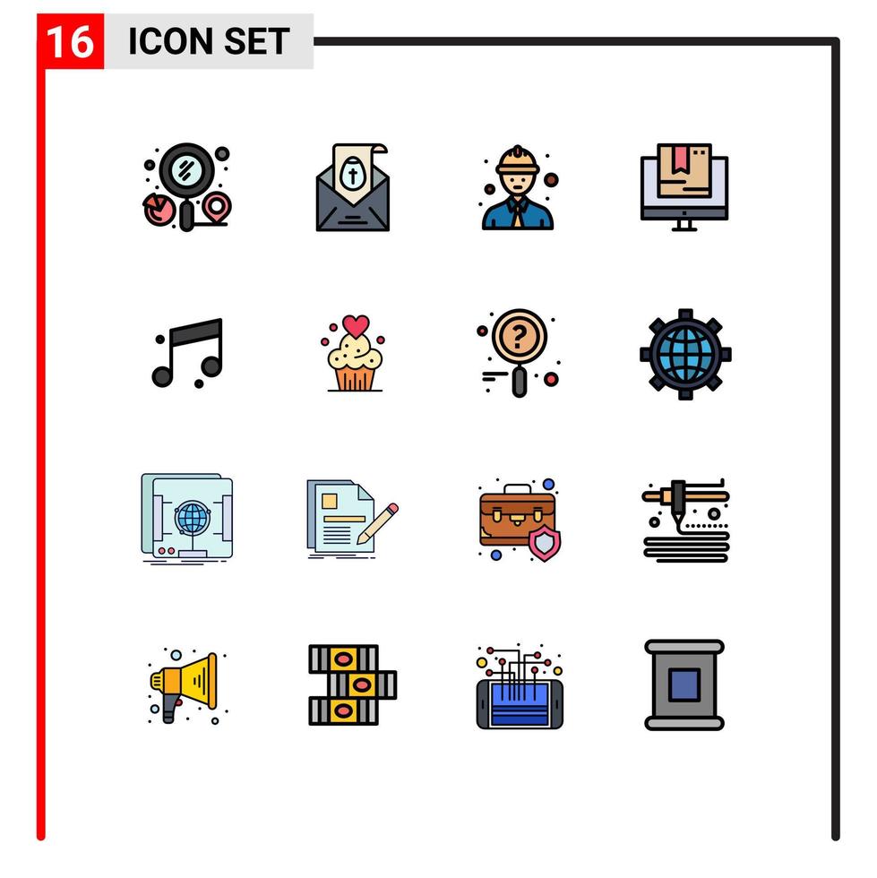 paquete de 16 líneas llenas de colores planos modernos, signos y símbolos para medios de impresión web, como tiendas de audio, vacaciones, comercio en línea, elementos de diseño de vectores creativos editables