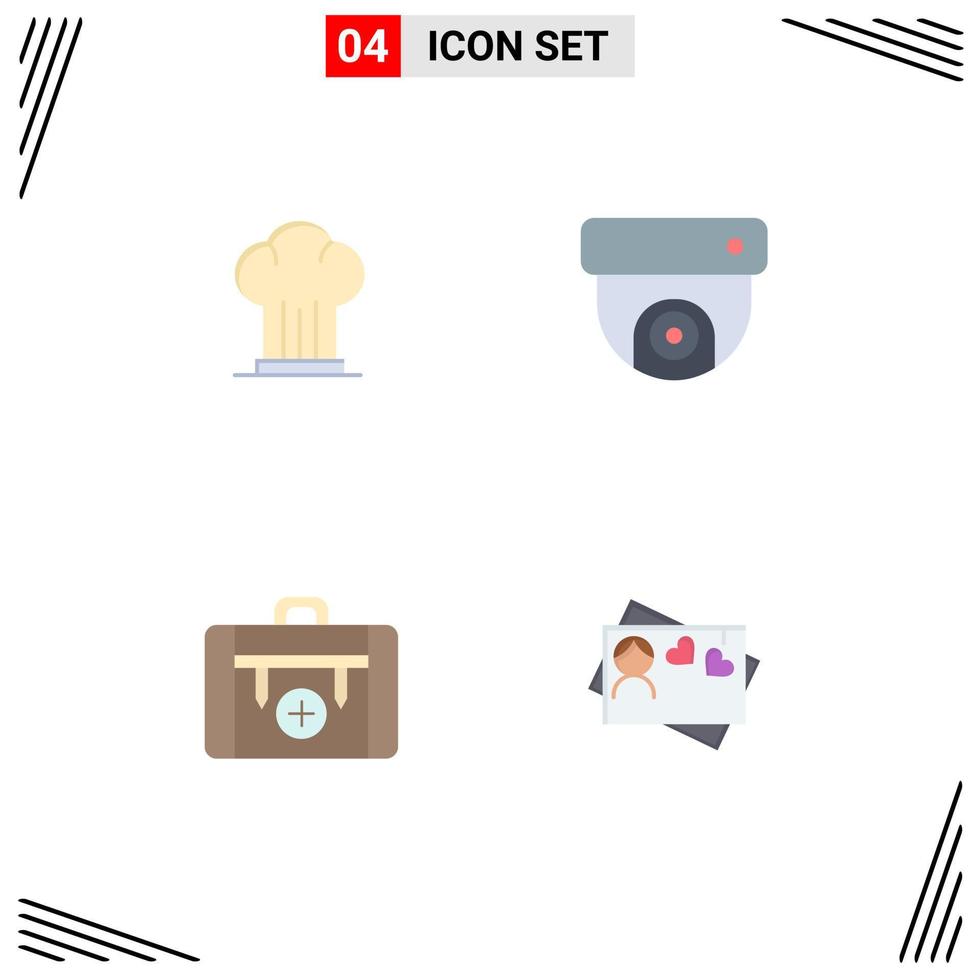 Set of 4 Commercial Flat Icons pack for cap camping hat cctv hiking Editable Vector Design Elements