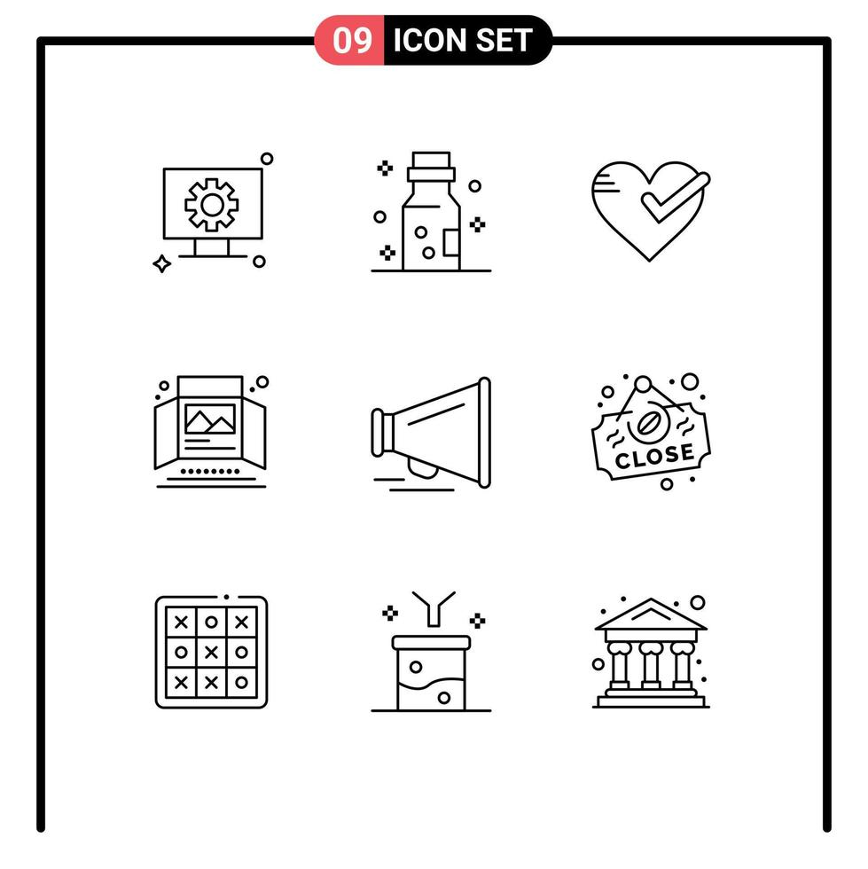 9 User Interface Outline Pack of modern Signs and Symbols of tabletop display print heart advertisement tick Editable Vector Design Elements