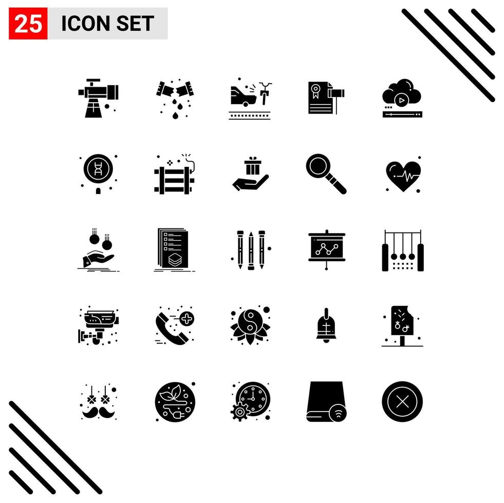 Editable Vector Line Pack of 25 Simple Solid Glyphs of video gravel accident expensive auction Editable Vector Design Elements