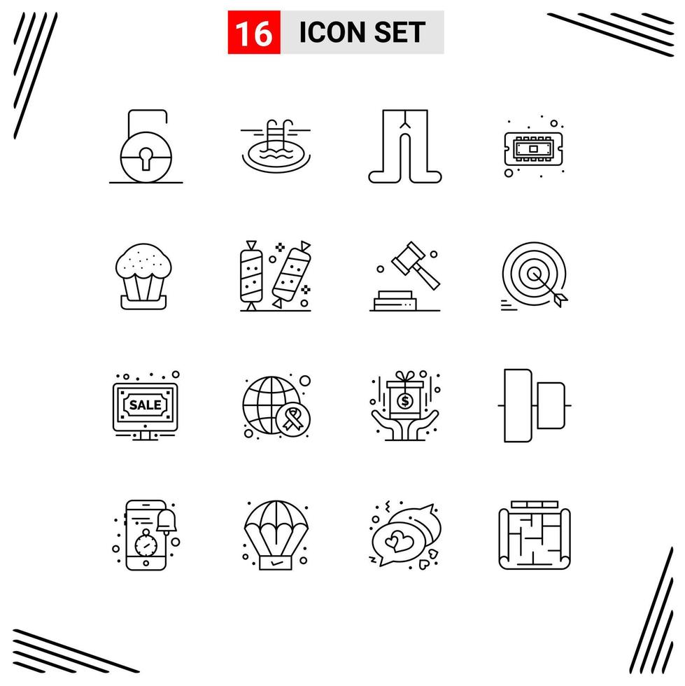 Pack of 16 Modern Outlines Signs and Symbols for Web Print Media such as food cake baby hardware computer Editable Vector Design Elements