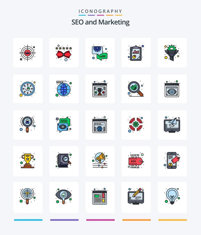 Creative Seo 25 Line FIlled icon pack  Such As filter. seo analysis. business. seo. analysis vector