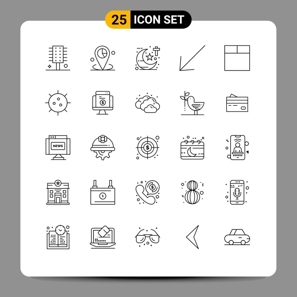 paquete de 25 signos y símbolos de líneas modernas para medios de impresión web, como la flecha hacia abajo de la cuadrícula, estudios de elementos de diseño de vectores editables