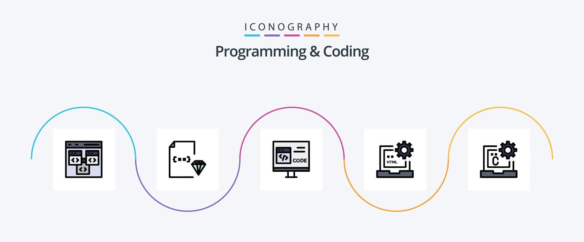 Programming And Coding Line Filled Flat 5 Icon Pack Including develop. code. document. development. coding vector