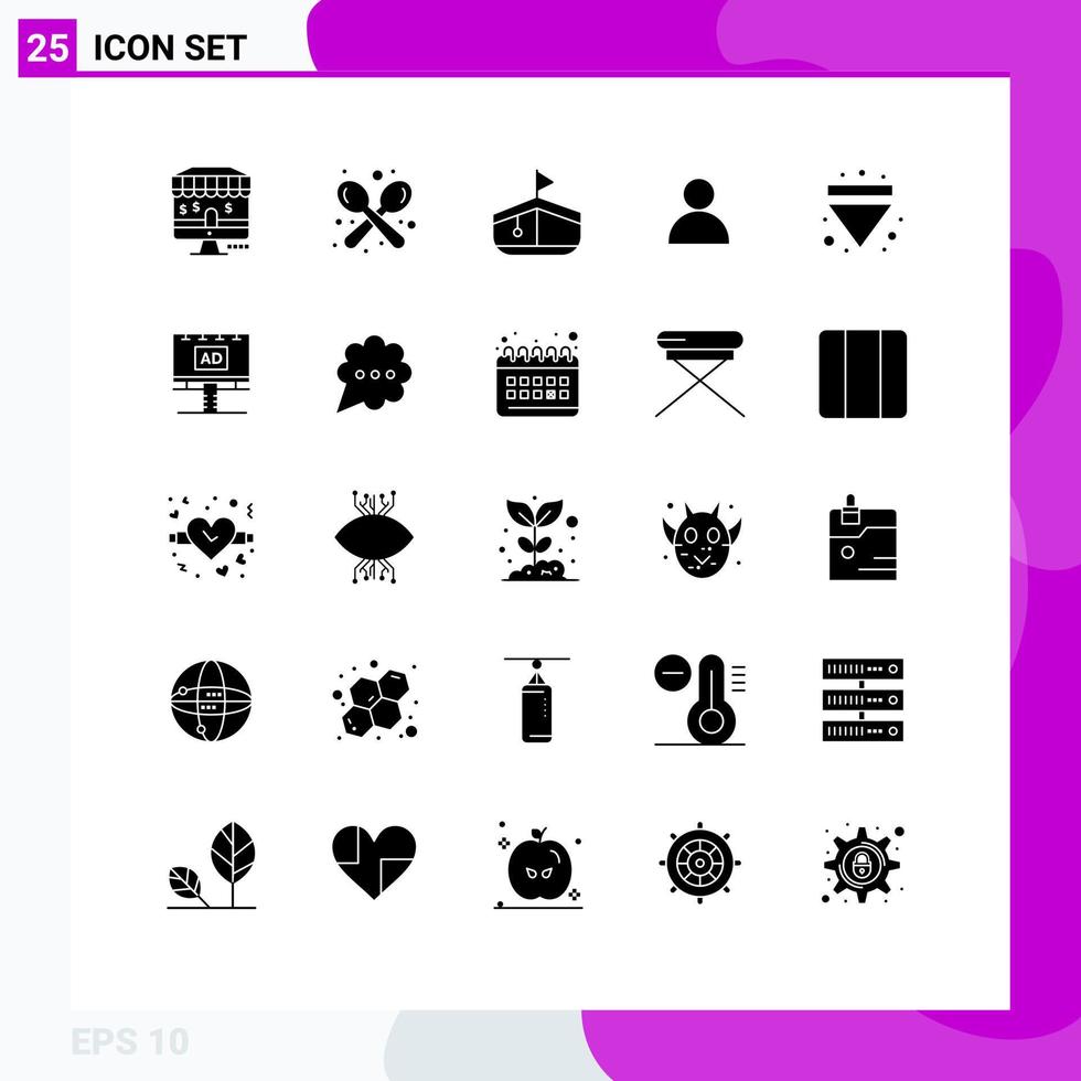 Set of 25 Vector Solid Glyphs on Grid for down eject boat arrow mane Editable Vector Design Elements