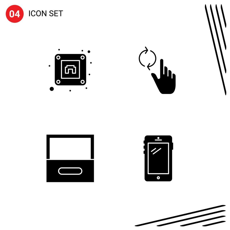 Mobile Interface Solid Glyph Set of 4 Pictograms of electric drawer finger gesture smart phone Editable Vector Design Elements