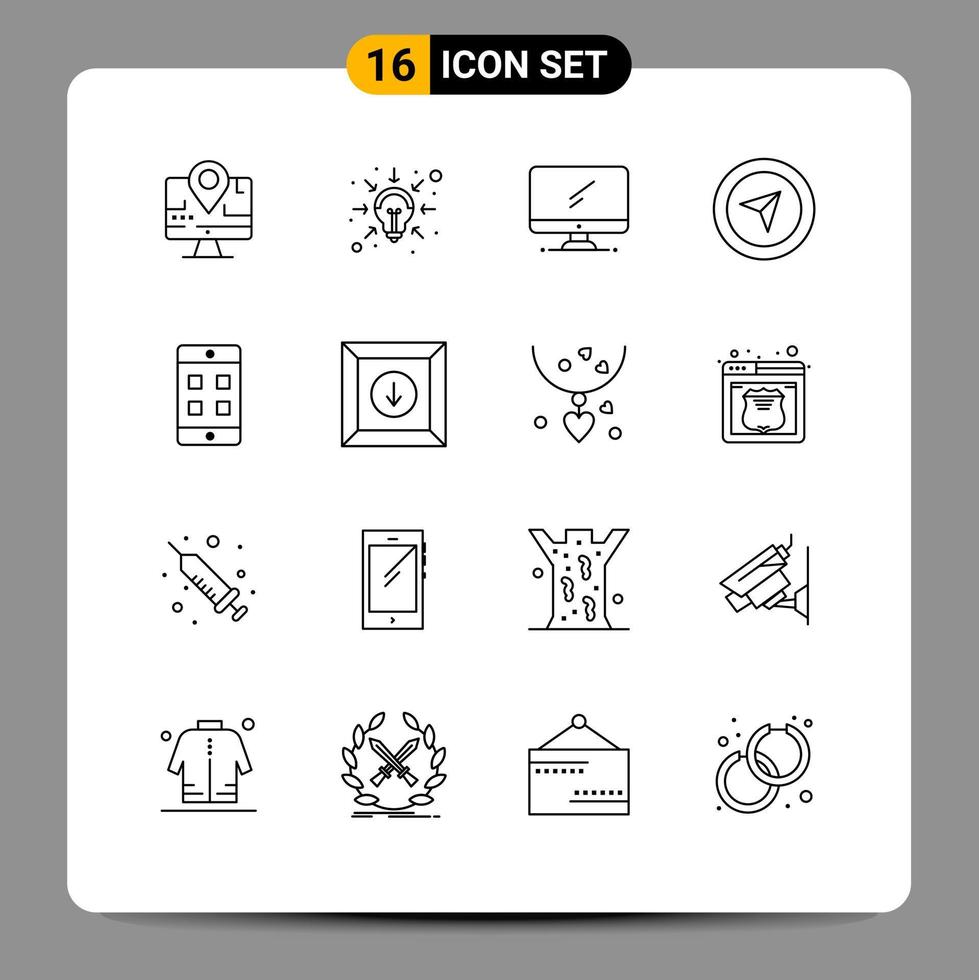 Pack of 16 Modern Outlines Signs and Symbols for Web Print Media such as cell pointer computer mouse pc Editable Vector Design Elements