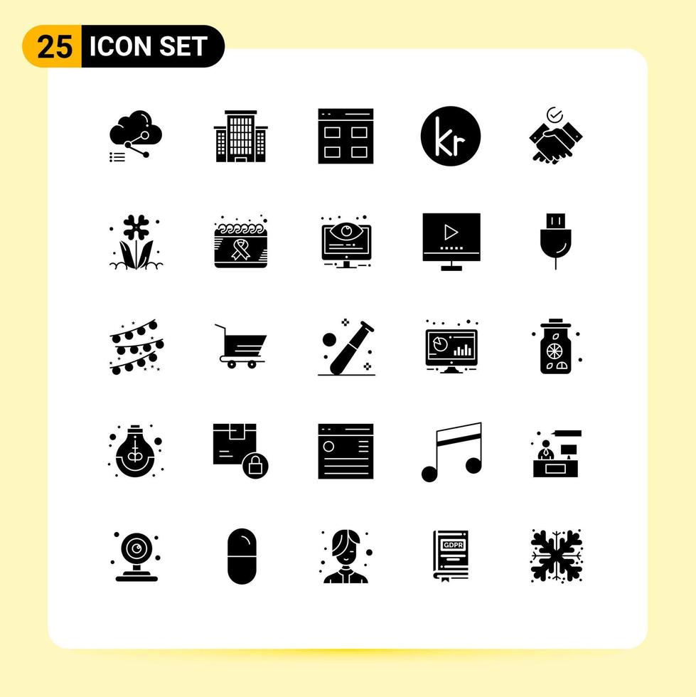 Modern Set of 25 Solid Glyphs Pictograph of themes icelandic communication danish krone Editable Vector Design Elements