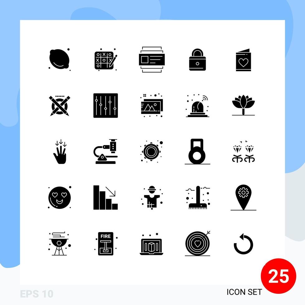 Set of 25 Vector Solid Glyphs on Grid for pencil wedding id love security Editable Vector Design Elements