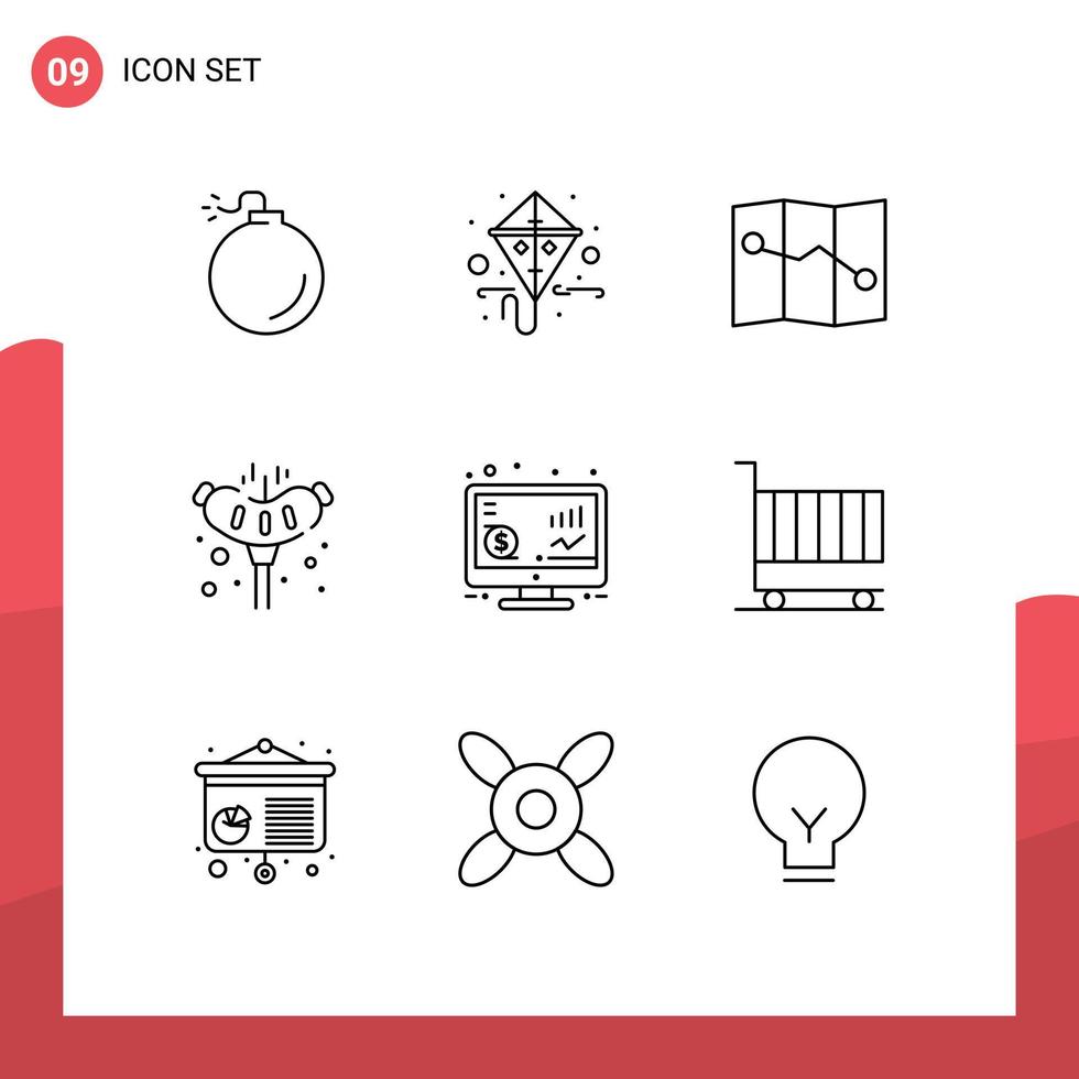 Editable Vector Line Pack of 9 Simple Outlines of business seo point return camping Editable Vector Design Elements