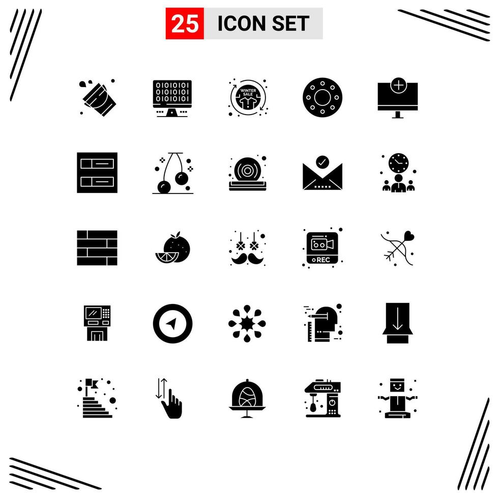 Editable Vector Line Pack of 25 Simple Solid Glyphs of computers food casual donuts sale Editable Vector Design Elements