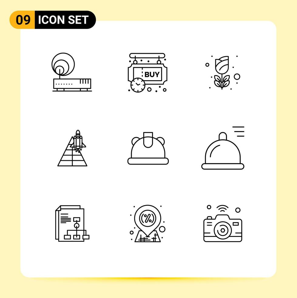 Group of 9 Modern Outlines Set for launch aircraft timer station rose Editable Vector Design Elements