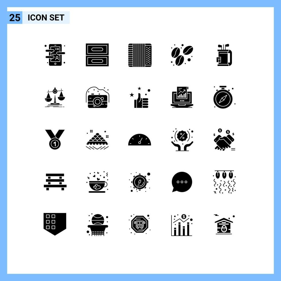 Universal Icon Symbols Group of 25 Modern Solid Glyphs of equipment bag accordion food bean Editable Vector Design Elements