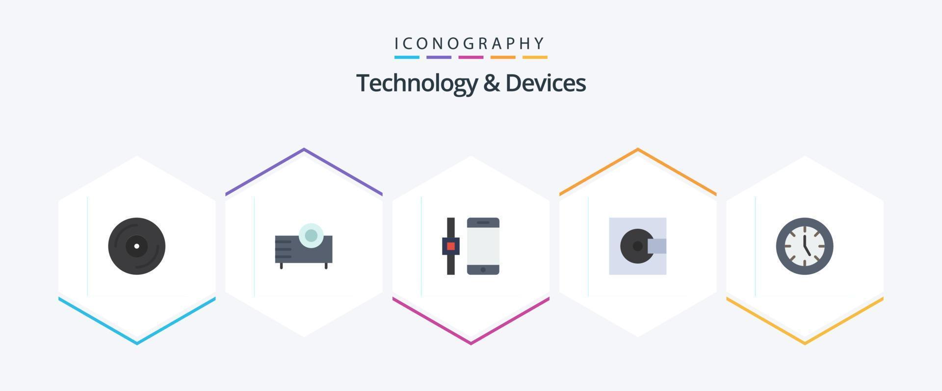 Paquete de 25 iconos planos de dispositivos que incluye tecnología. minidisco. proyector. electrónica. teléfono inteligente vector