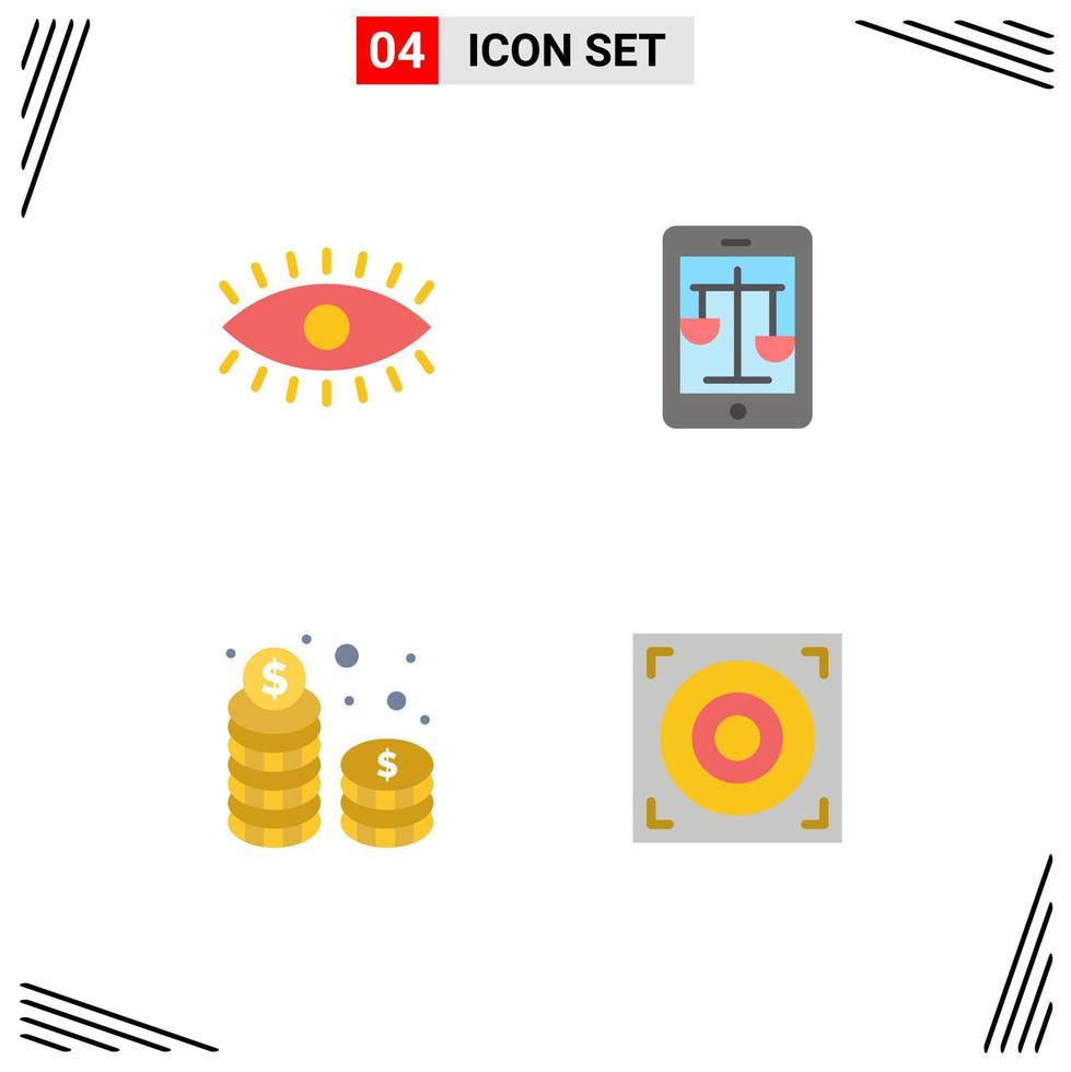Group of 4 Modern Flat Icons Set for eye coins design law stack Editable Vector Design Elements
