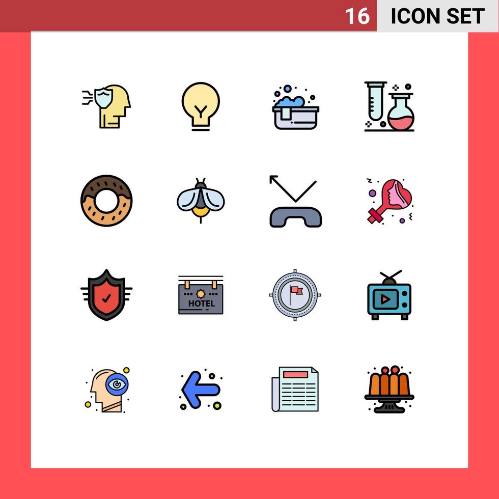 16 Universal Flat Color Filled Lines Set for Web and Mobile Applications donut science bathtub laboratory chemistry Editable Creative Vector Design Elements