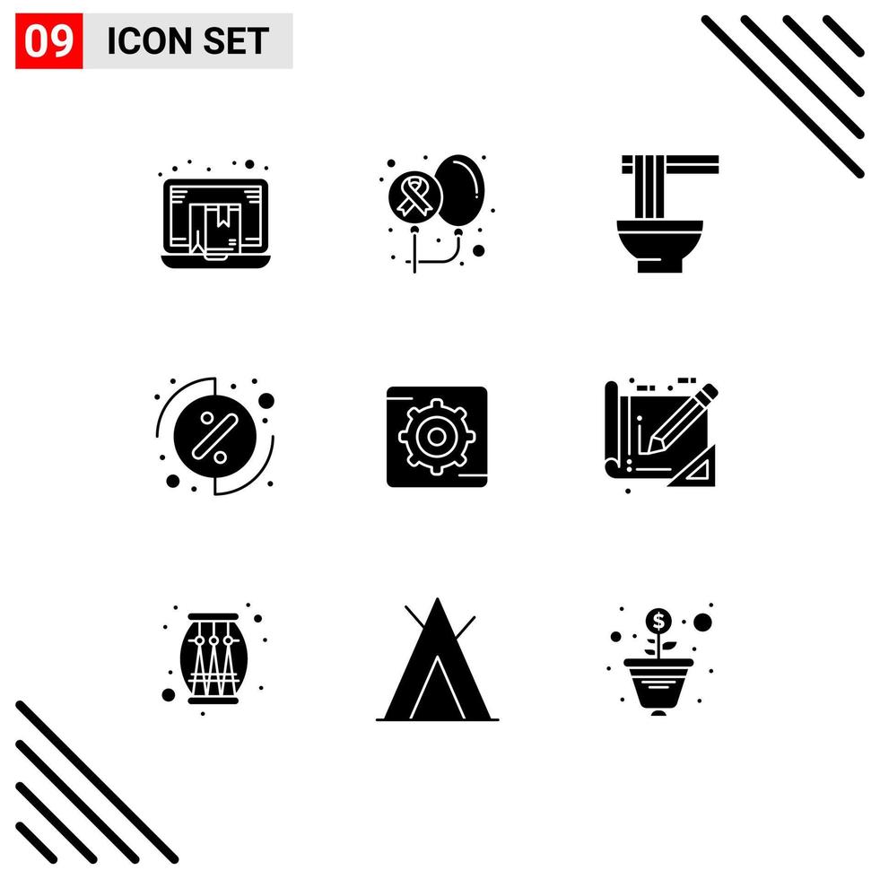 Pictogram Set of 9 Simple Solid Glyphs of percentage investment day ramen food Editable Vector Design Elements
