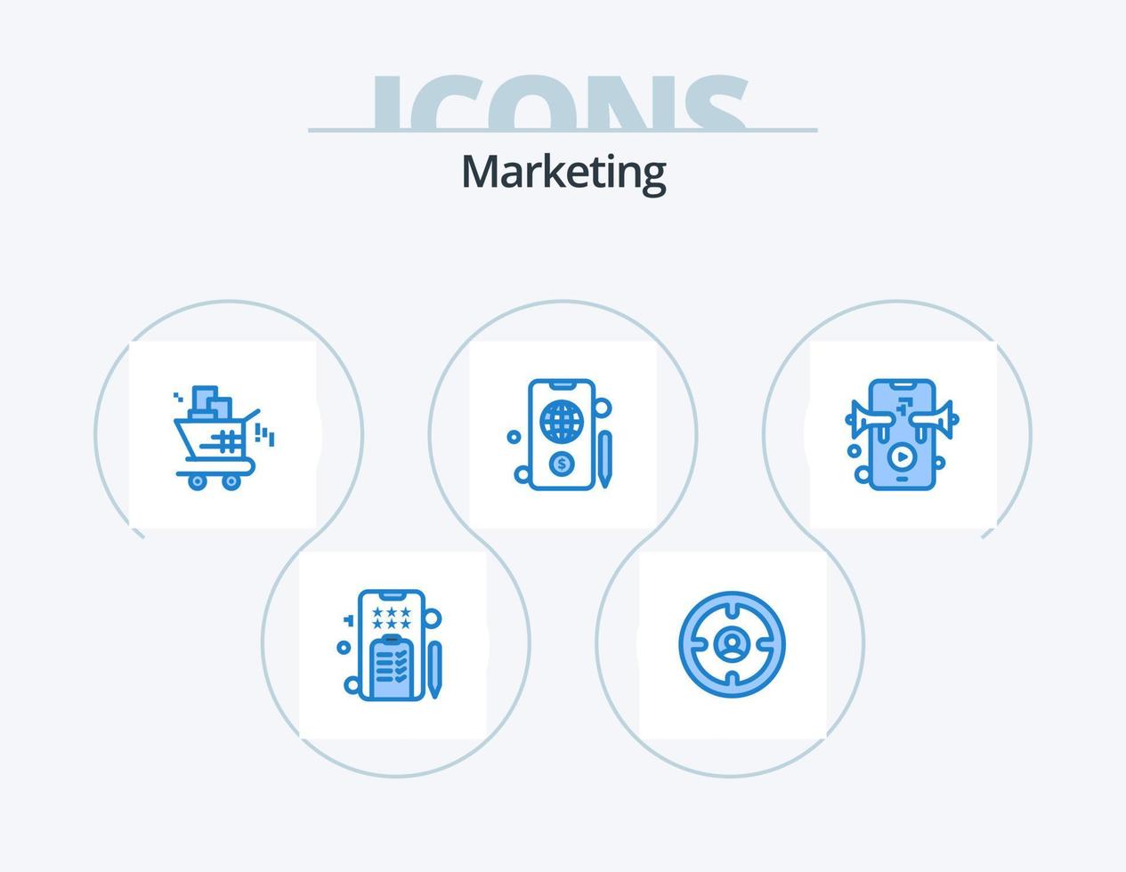 diseño de iconos del paquete de iconos azules de marketing 5. vocero. dólar. cazador. globo. compras vector