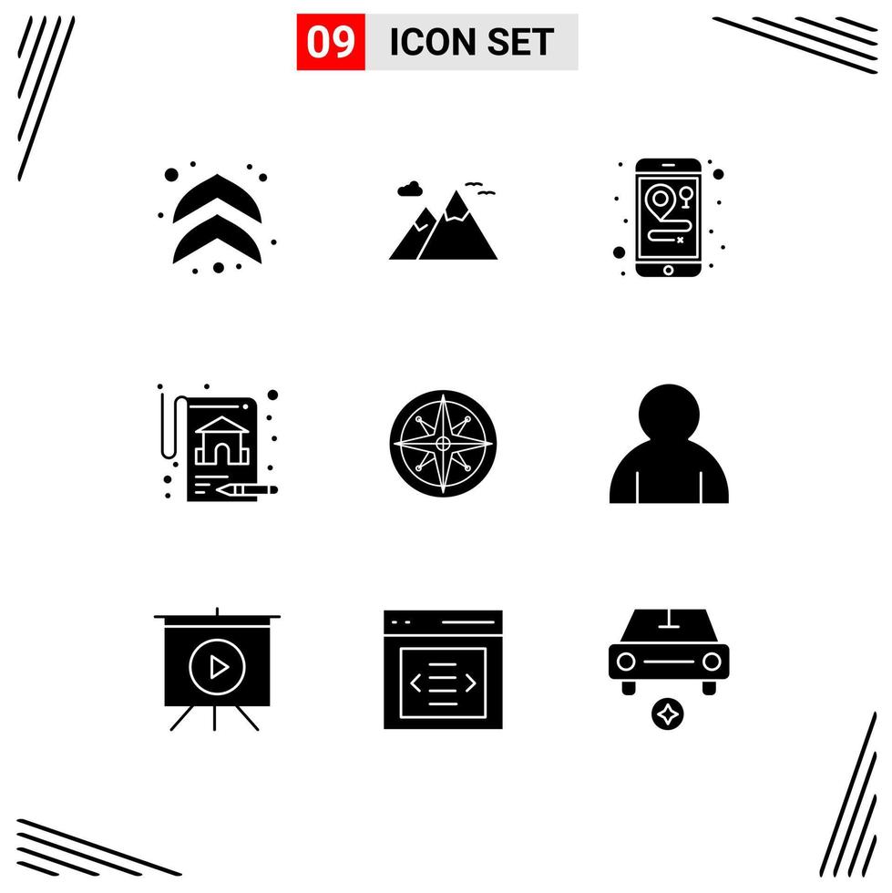 Modern Set of 9 Solid Glyphs and symbols such as position navigation maps location real estate Editable Vector Design Elements
