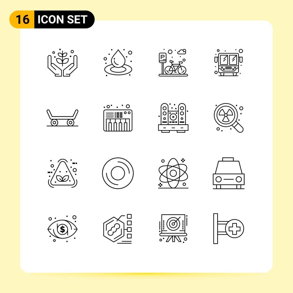 Pack of 16 Modern Outlines Signs and Symbols for Web Print Media such as music skateboard cycle public transport bus Editable Vector Design Elements