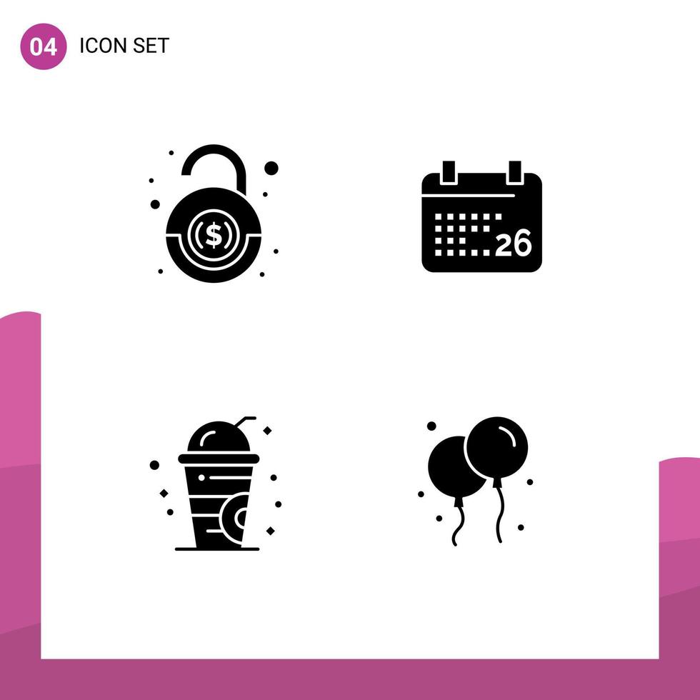 Universal Icon Symbols Group of 4 Modern Solid Glyphs of bank drink security indian republic day bloon Editable Vector Design Elements