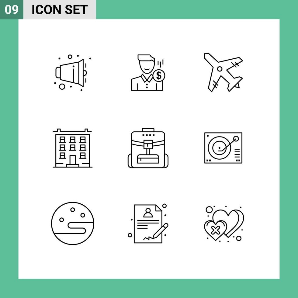 Editable Vector Line Pack of 9 Simple Outlines of home building payment big travel Editable Vector Design Elements